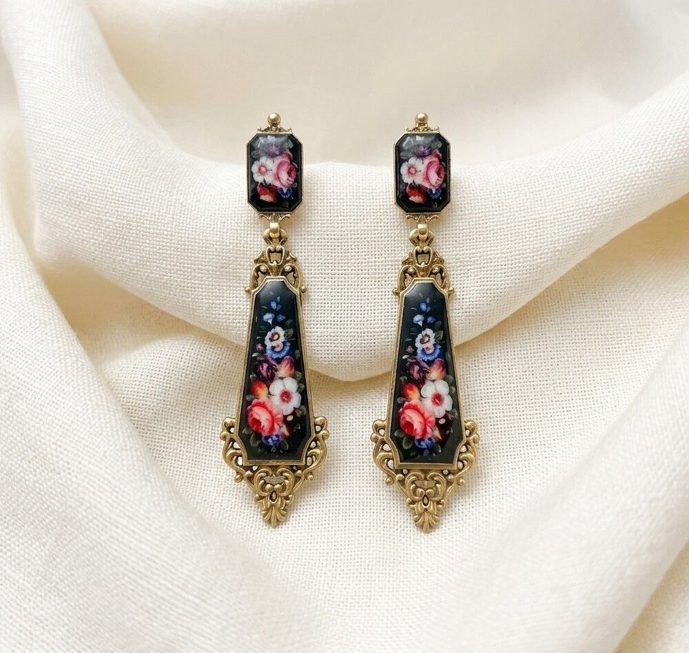 Antique Flower Court Museum Earrings Art Deco Black Peonies Nouveau VTG CZ Boho